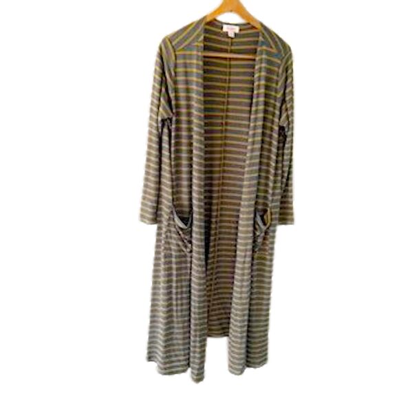 LuLaRoe Sarah Long Duster Sweater M Cardigan Open Front Wrap Yellow and Gray - Picture 1 of 5